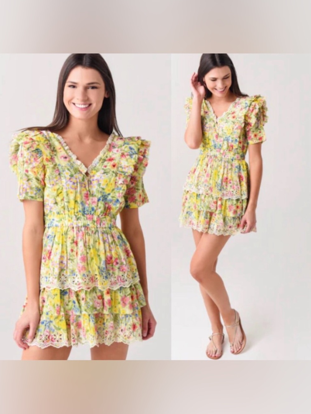LoveShackFancy Aldina Mini Dress XL Yellow Floral Print Tiered Ruffle Eyelet